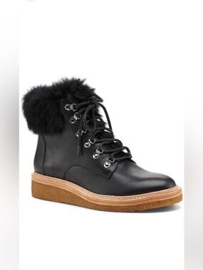 Botkier Winter Fur Trimmed Leather Ankle Boots Size 8.5 Modern Minimalist Edgy